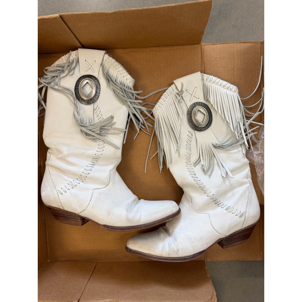 Vintage Sheplers White Leather Fringe Western Cowboy Boots Womens 7 Festival